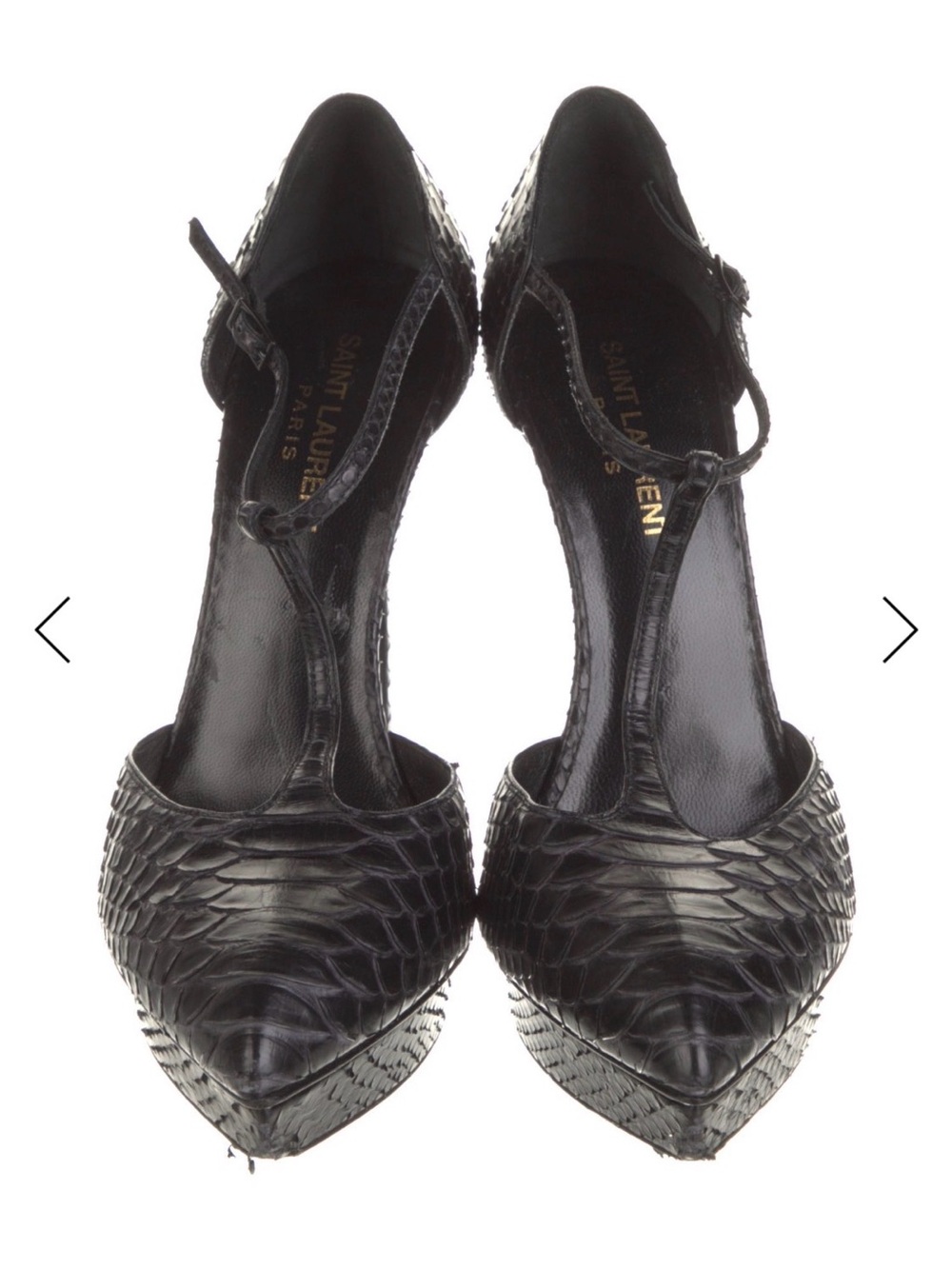 Saint Laurent Black Croc-Textured T-Strap Pointed Heels - Picture 1 of 3